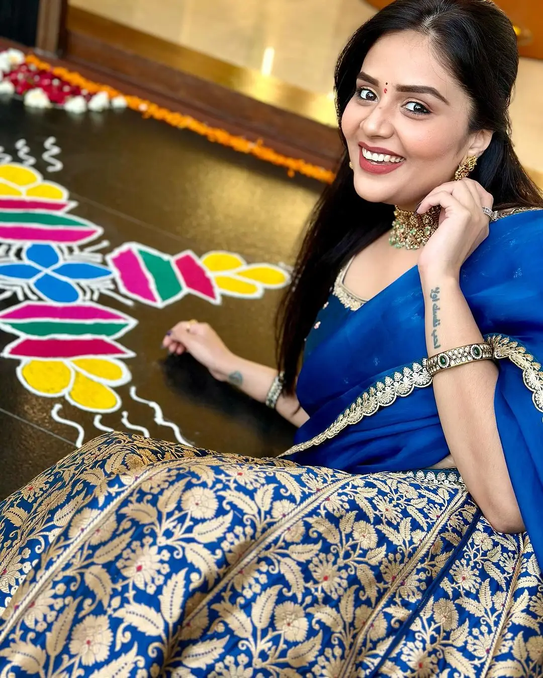 Indian TV Actress Sreemukhi in Traditional Blue Lehenga Choli